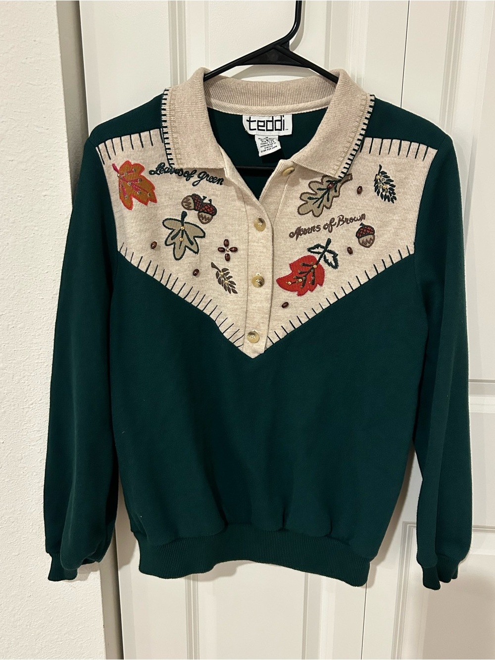90s Teddi Forest Green & Cream Embroidered Polo Sweater